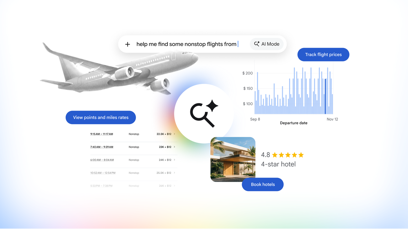 Google AI Mode réserve les hôtels et suit le prix des vols